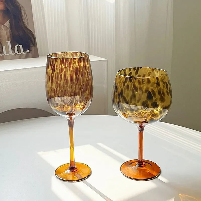 Vintage Amber Leopard Print Wine Glass