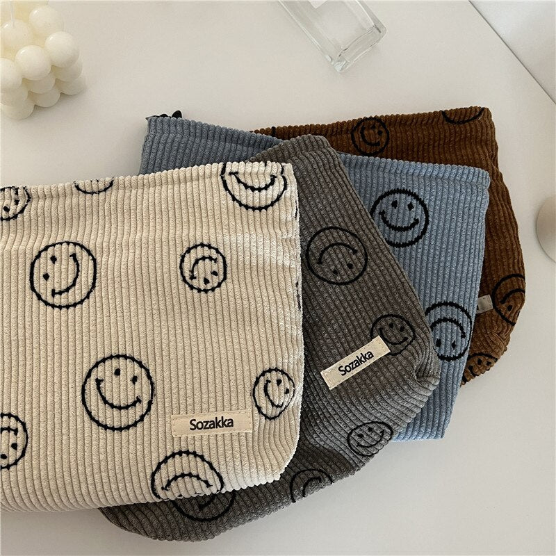 Smiley Face Corduroy Cosmetic Bag