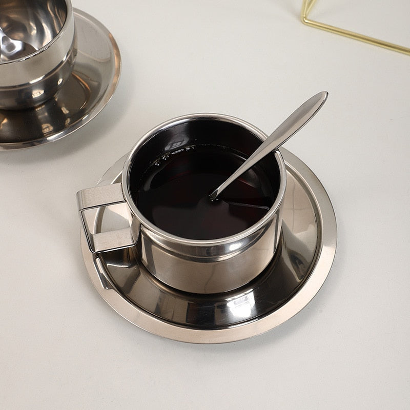 Stainless Steel Coffee Cup and Saucer