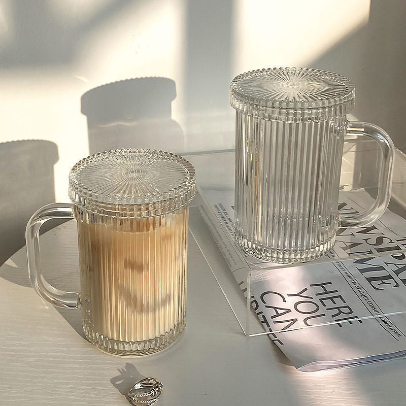 Simple Stripe Glass Cup with Lid and Straw